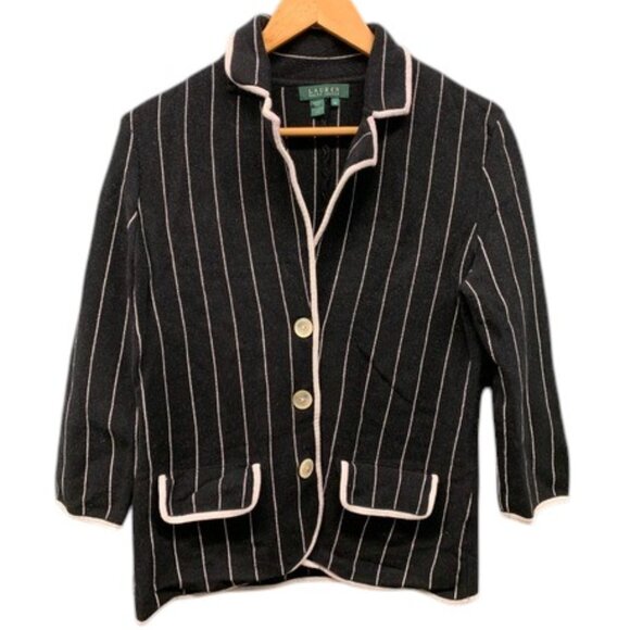 Lauren Ralph Lauren Blazer Women’s M Black White Stripe Cotton 3/4 Sleeve - Picture 1 of 8